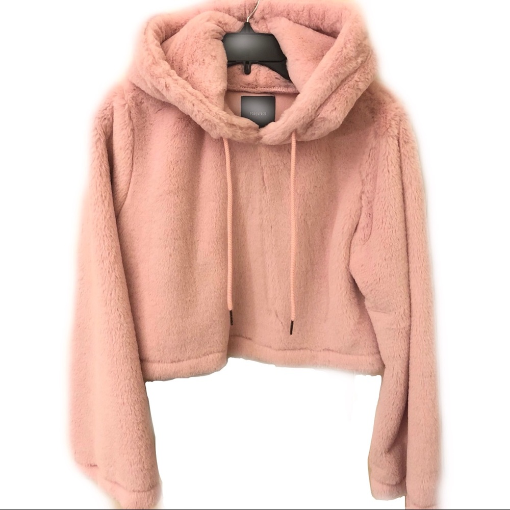NEW Baby Pink Furry Cropped Hoodie Size Small